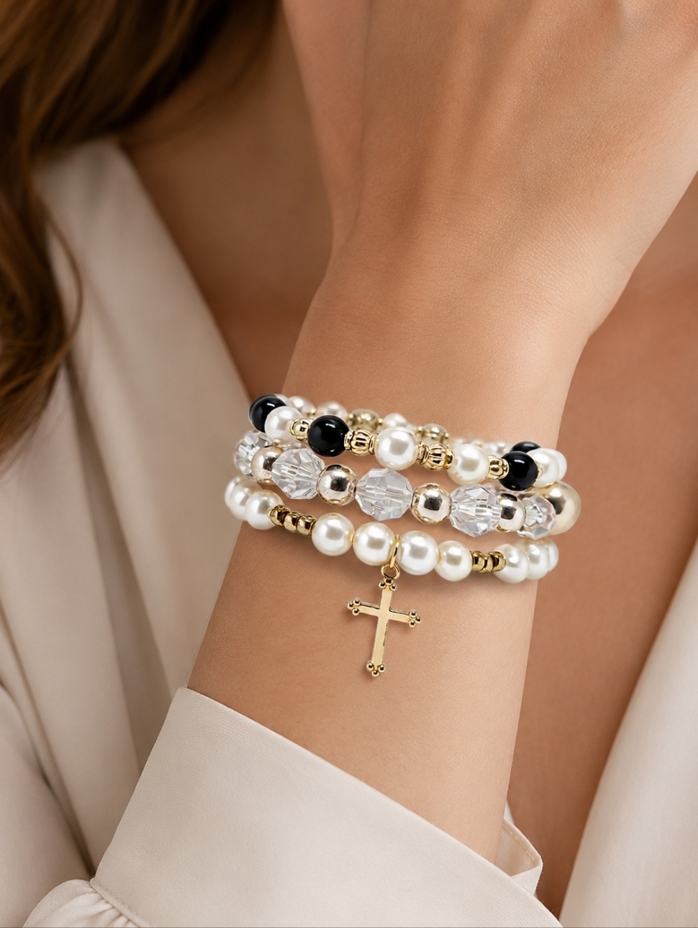 Elegant Faux Pearl and Cross Stack Bracelet Set